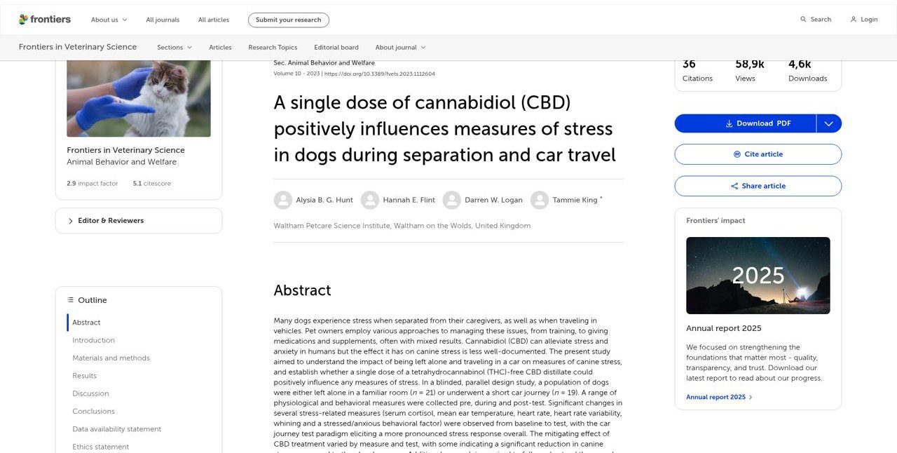 Dose única de CBD reduz estresse em cães (Hunt et al.)