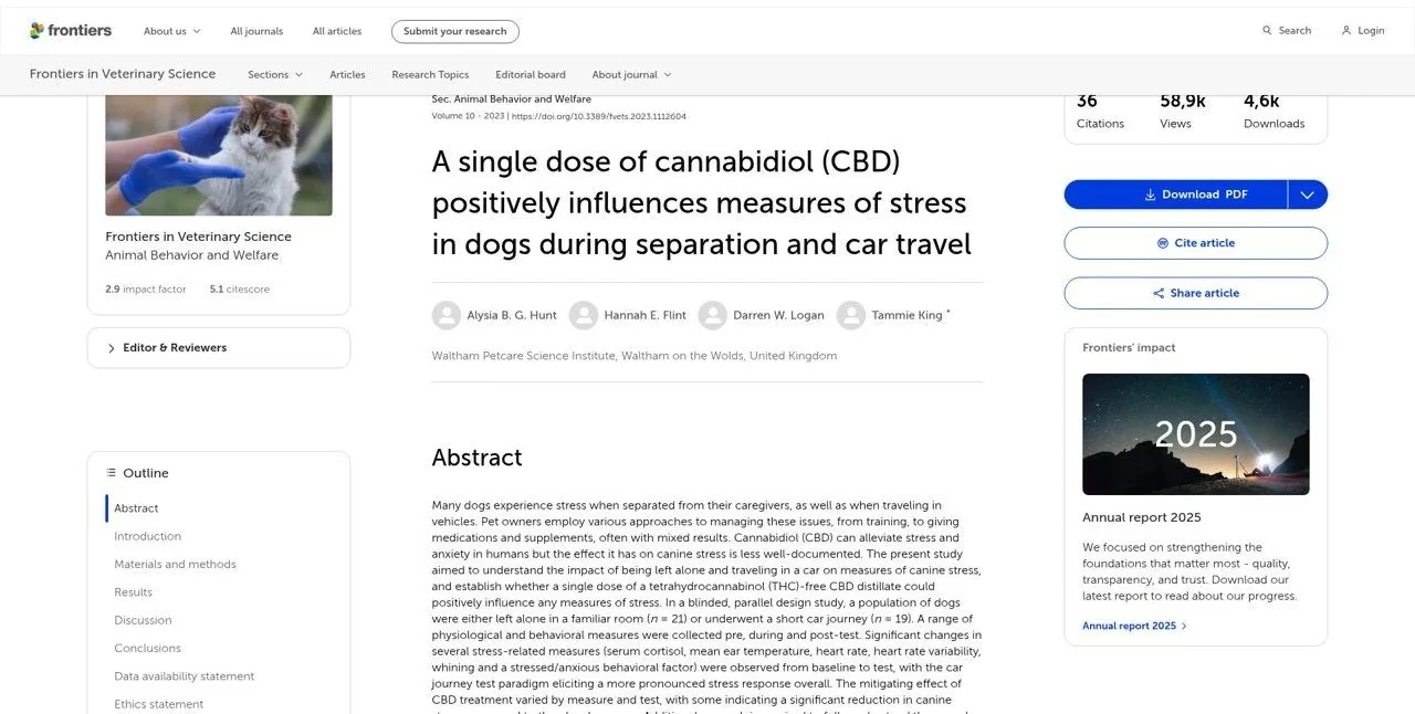 Dose única de CBD reduz estresse em cães (Hunt et al.)